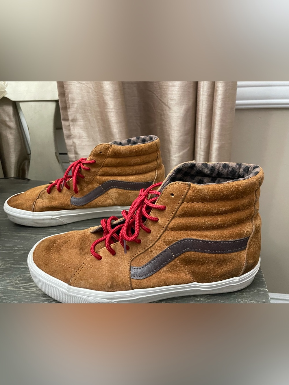 Vans Men's Tan Suede High-Top Sneakers with Red Laces Mens size 10